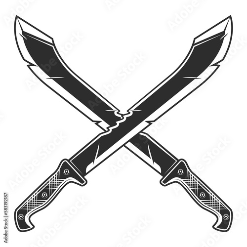 Crossed machete sharp knife icon, melee weapon of hunter in jungle. Black and white vector isolated on white background