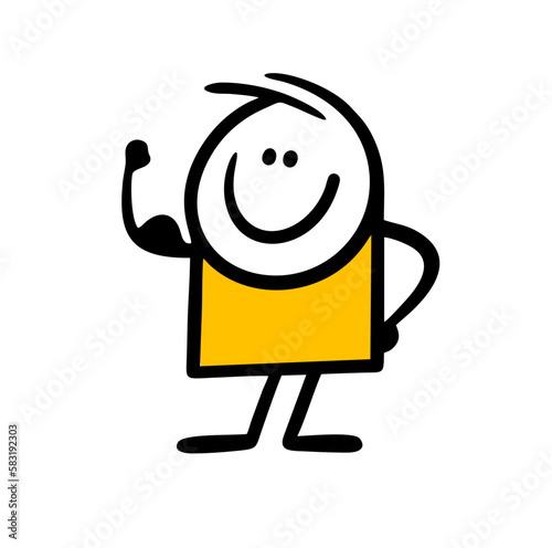 Stickman athlete bent his arm and shows off his muscles.
