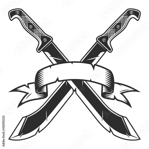 Crossed machete with ribbon icon, sharp knife melee weapon of hunter in jungle. Black and white vector isolated on white background