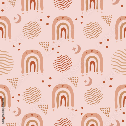 Cute boho seamless pattern with rainbow and abstract elements