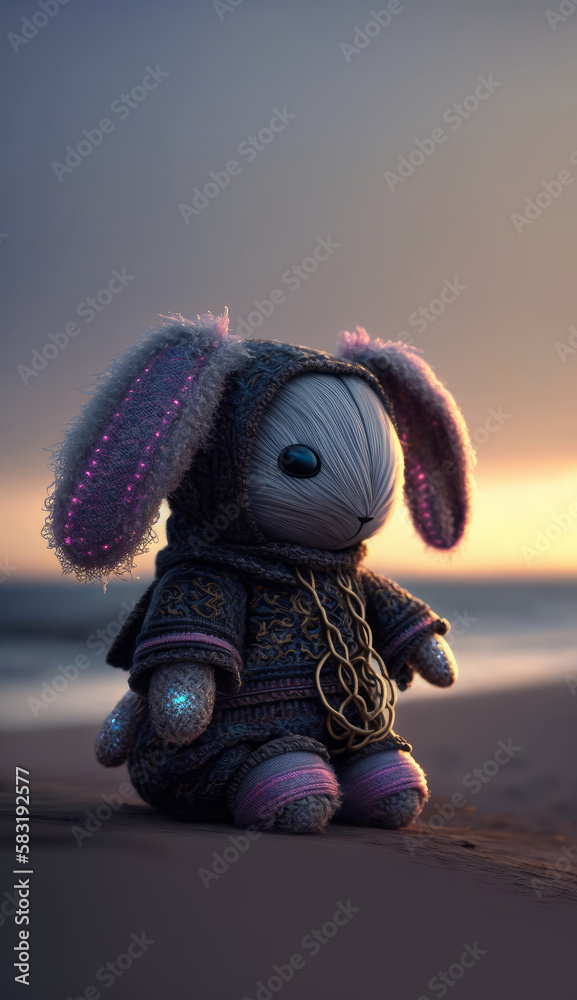 Fabulous toy bunny, knitted bunny for children, decorative rabbit. For fairy tales and postcards. Created with artificial intelligence. Fabulous toy bunny, knitted bunny for children, decorative rabbit. For fairy tales and postcards. Created with artificial intelligence.