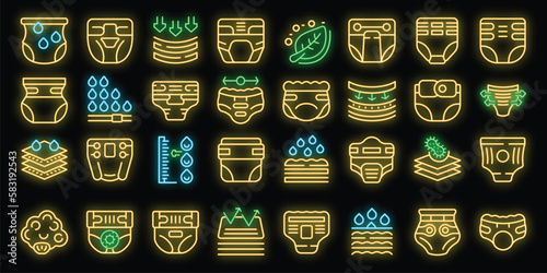 Adult diaper icons set outline vector. Layer pad. Mattress fabric neon color on black