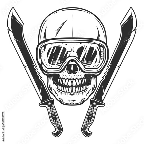 Skull in construction safety glasses and machete sharp knife melee weapon of hunter in jungle. Black and white vector isolated on white background