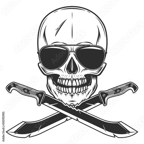 Skull in sunglasses and machete sharp knife melee weapon of hunter in jungle. Black and white vector isolated on white background