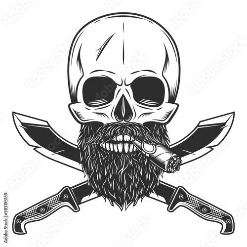 Skull smoking cigar or cigarette with beard and mustache with crossed machete sharp knife melee weapon of hunter in jungle. Black and white vector isolated on white background