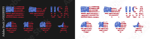 American grunge flag set. Grunge texture USA flag in various shapes with map and shield. US american flags collections for sticker, t-shirt print and posters design. Vector illustration.