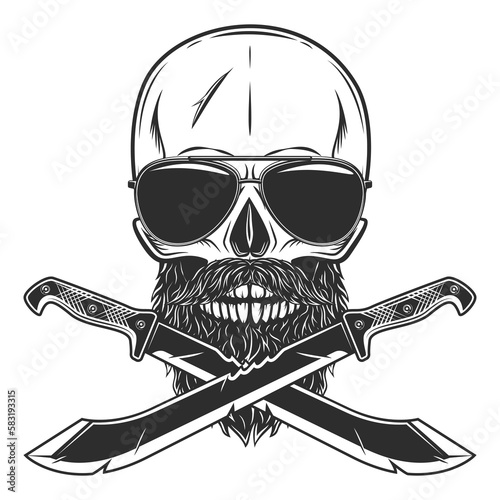 Skull in sunglasses with beard and mustache with crossed machete sharp knife melee weapon of hunter in jungle. Black and white vector isolated on white background