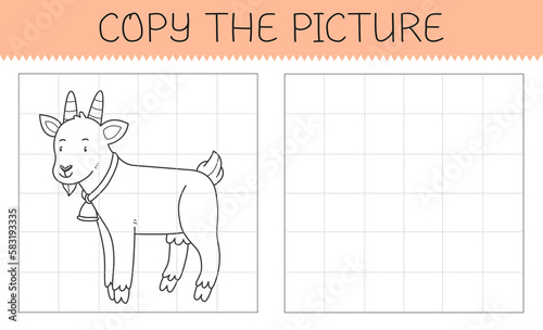 Copy the picture is an educational game for kids with goat. Cute cartoon goat coloring book.