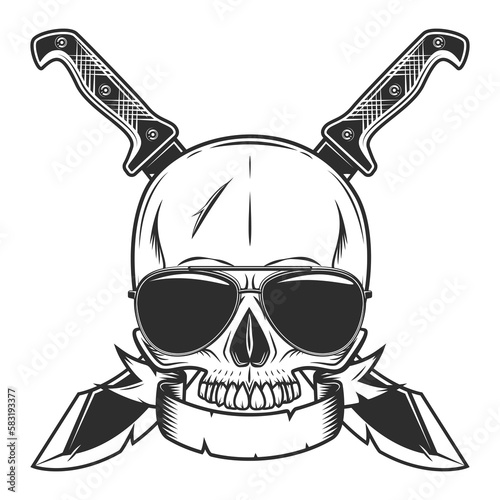 Skull without jaw in sunglasses with crossed machete sharp knife and ribbon. Melee weapon of hunter in jungle. Black and white vector isolated on white background