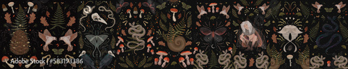 magical forest elements. images of a snake, night moth, fly agaric mushrooms, plant and space elements. Ideal for printing on fabric or clothing, wallpaper and wrapping paper