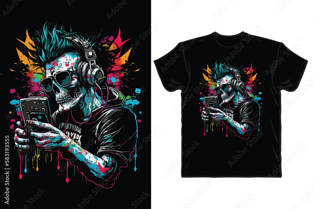 Punk skull music lover with colorful t-shirt design Punk skull music lover with colorful t-shirt design