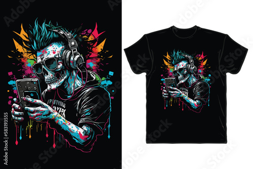 Punk skull music lover with colorful t-shirt design