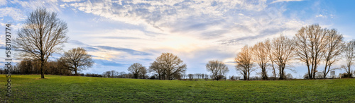 Panorama einer Landschaft mit Wiesen, Bäumen und einem blauen Himmel mit Sonne und Wolken in Loccum