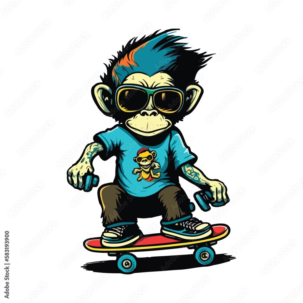 A monkey wearing a blue shirt and sunglasses riding a skateboard