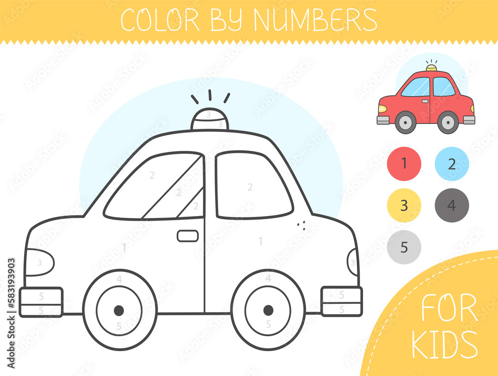 Color by numbers coloring page for kids with car. Coloring book with cute cartoon car with an example for coloring. Monochrome and color versions.