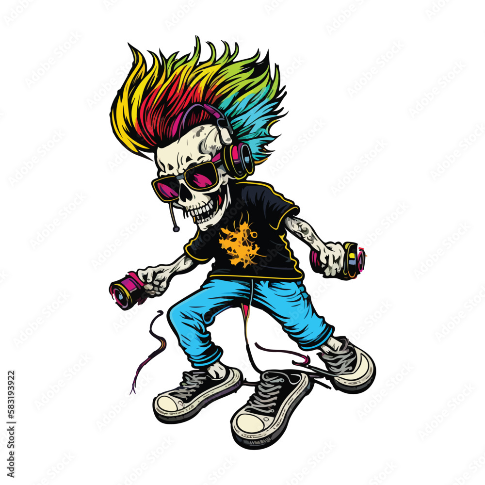 A cartoon illustration of a skeleton with headphones and a shirt that says the word on it