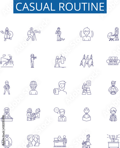 Casual routine line icons signs set. Design collection of Lax, Habitual, Ordinary, Usual, Nonchalant, Everyday, Familiar, Freestyle outline concept vector illustrations