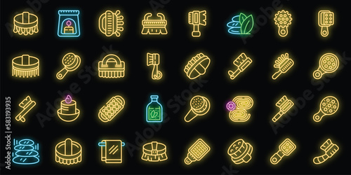 Body massage brush icons set outline vector. Spa bath. Wood brush neon color on black