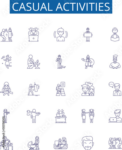 Casual activities line icons signs set. Design collection of Sports, Movies, Eating, Shopping, Games, Socializing, Hiking, Jogging outline concept vector illustrations