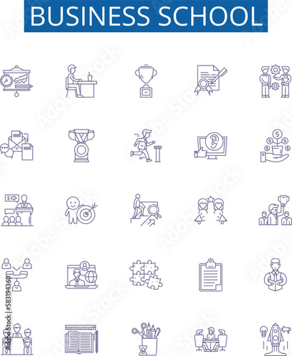 Business school line icons signs set. Design collection of Business, School, MBA, Finance, Marketing, Management, Entrepreneurship, Consulting outline concept vector illustrations