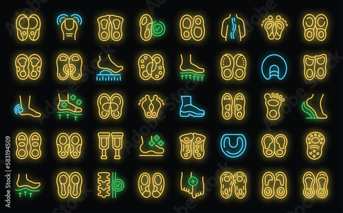 Orthopedic insoles icons set outline vector. Food adhesive. Insole shoe neon color on black