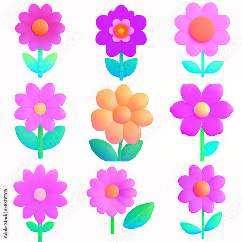 Colorful 3d flowers icon isolated on white background. art style for banner, poster, promotion, web site, online Emoji Illustration icon Set Bundle Collection