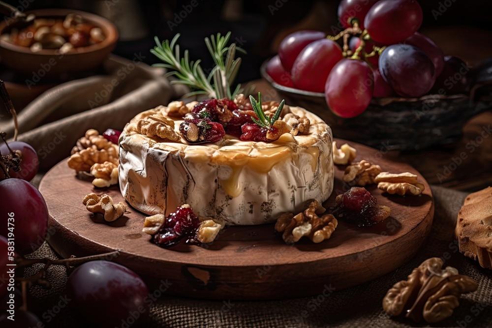 Baked camembert with roasted grapes, walnuts, rosemary and pink peppercorn crackers. Generative AI Baked camembert with roasted grapes, walnuts, rosemary and pink peppercorn crackers. Generative AI