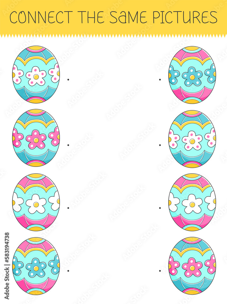 Connect the same pictures game with a cute cartoon easter egg. Children's game with easter egg.