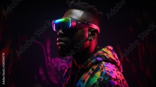 Portrait of African-American man wearing virtual reality headset. Vivid colors neon glowing HMD generative ai