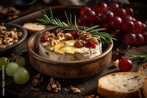 Baked camembert with roasted grapes, walnuts, rosemary and pink peppercorn crackers. Generative AI