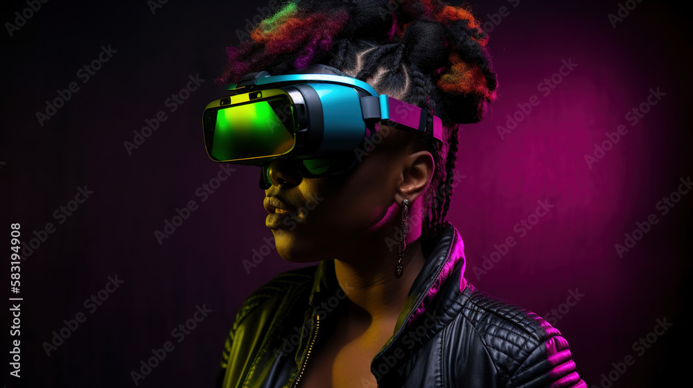 Portrait of African-American woman wearing virtual reality headset. Vivid colors neon glowing HMD generative ai