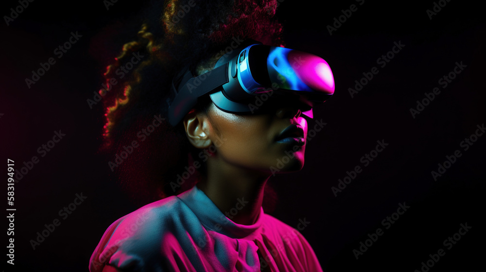 Fototapeta premium Portrait of African-American woman wearing virtual reality headset. Vivid colors neon glowing HMD generative ai