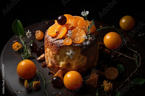 Kumquat panettone with orange blossom panna cotta and confit kumquats. Generative AI photo