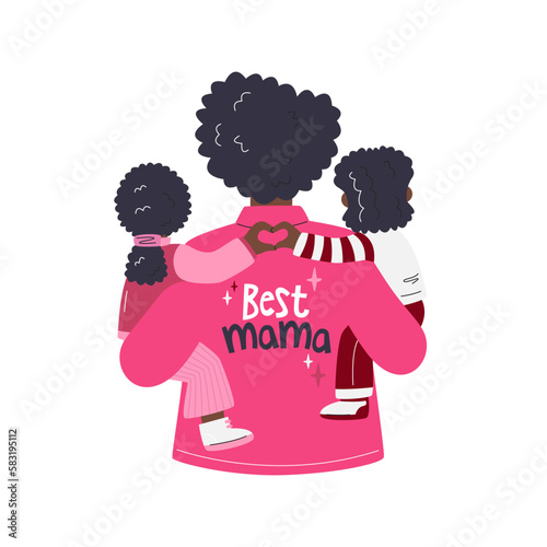 Best mama ever holiday concept. African american mother holding her kids. Black mom cuddling son and daughter. Cute mummy with children with lettering. Mother's day hand drawn flat vector illustration