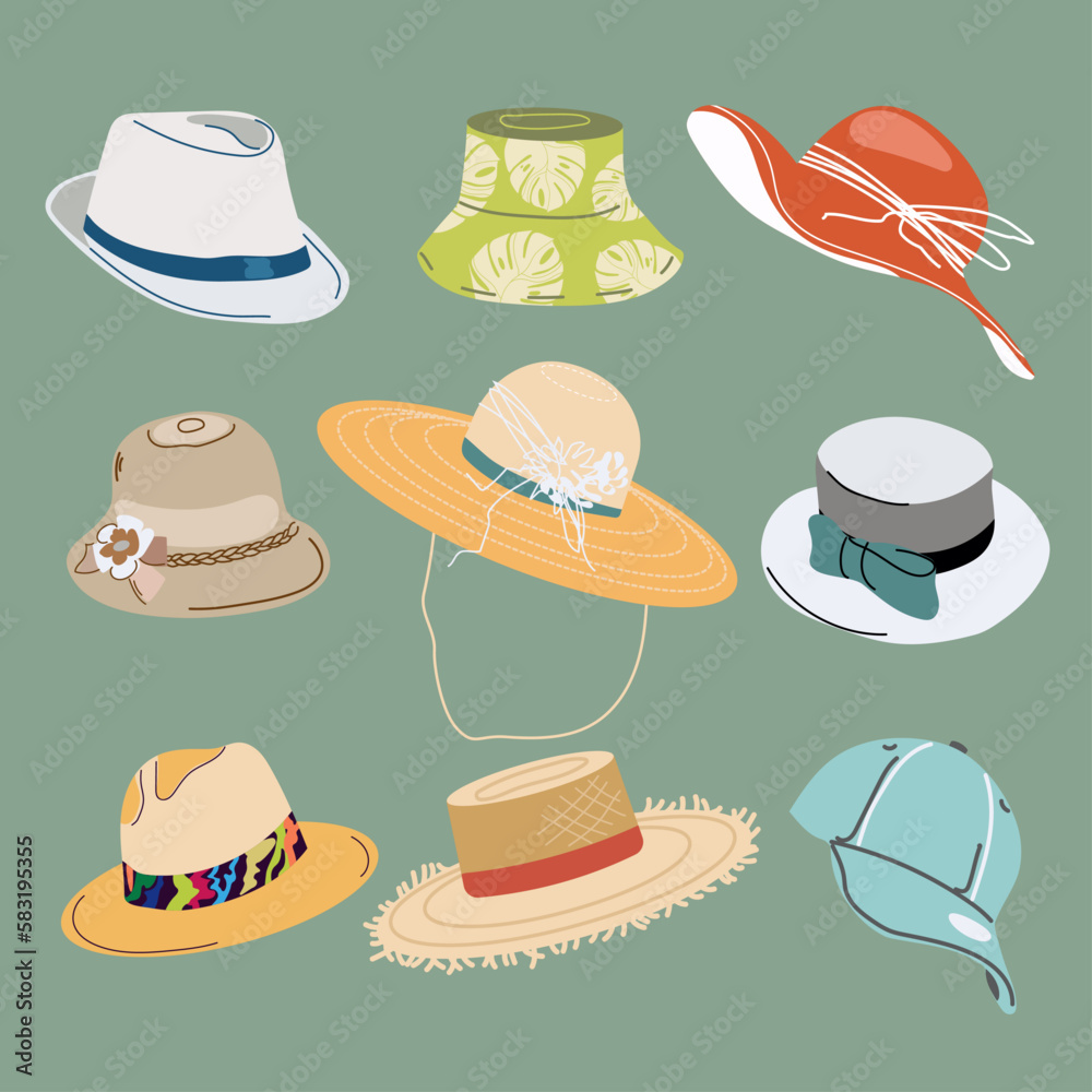 Summer hats men's and women's vector set