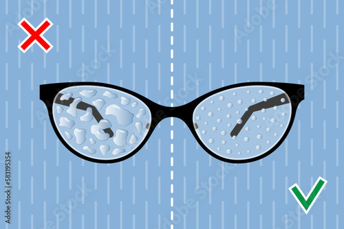 Eyeglasses with water drops on lenses, hydrophobic coating