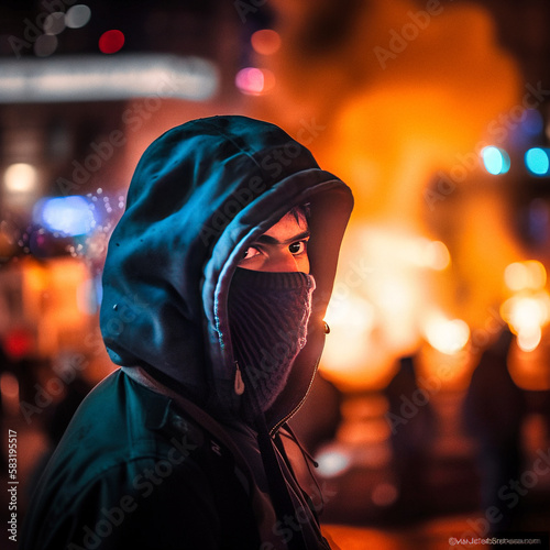 A hooded protester during a night of rioting in Paris - generative ai