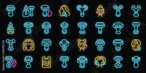 Facial roller icons set outline vector. Care cosmetic. Skin sha neon color on black