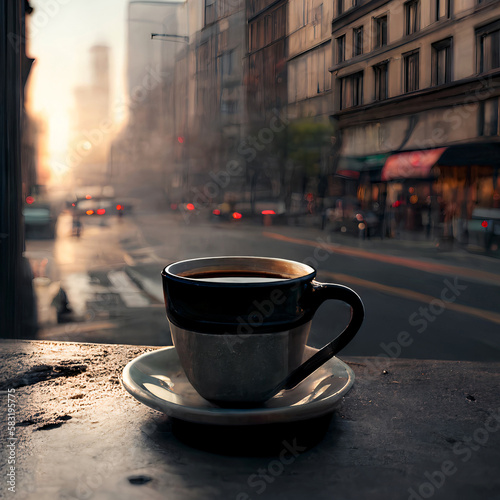 A cup of coffee stands on the table of a street cafe on a busy street in the early morning. Generative AI