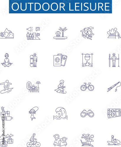 Outdoor leisure line icons signs set. Design collection of Camping, Hiking, Fishing, Kayaking, Biking, Swimming, Boating, Climbing outline concept vector illustrations