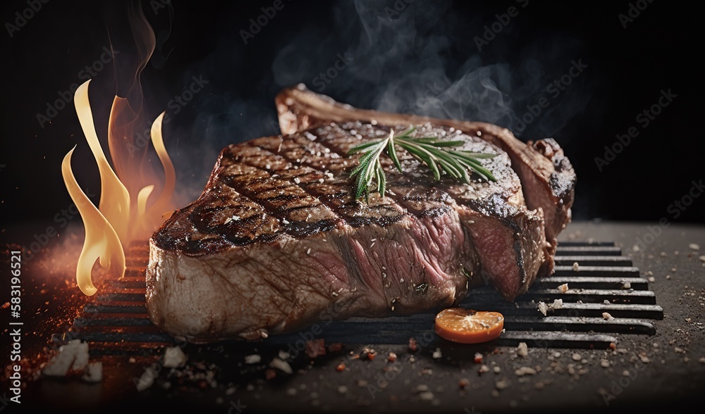 a piece of steak on a grill with a sprig of rosemary. generative ai a piece of steak on a grill with a sprig of rosemary. generative ai