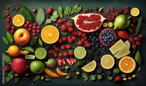  a bunch of fruits and vegetables on a black surface with a green background.  generative ai