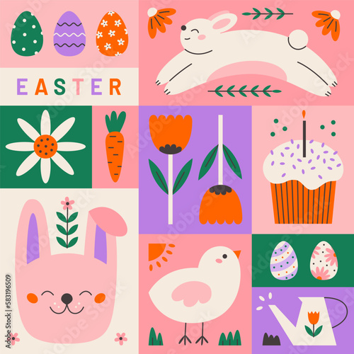 Modern Easter themed poster design. Colorful flat geometric vector illustration.