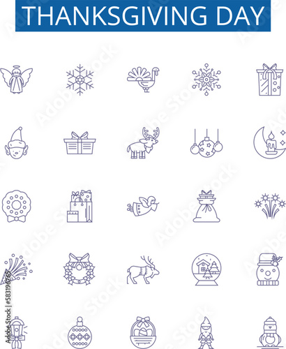 Thanksgiving day line icons signs set. Design collection of Thanksgiving, Day, Turkey, Feast, Gratitude, Pilgrims, Indians, Cornucopia outline concept vector illustrations