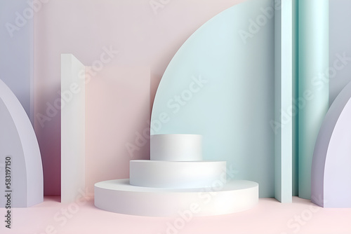 Abstract pastel podium model made of geometric solids  cylinders  spheres. Generative AI content.