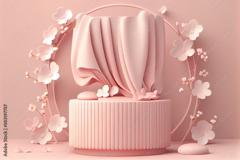 pink podium display. Sakura pink flower on pastel silk cloth. Cosmetic pink podium display. Sakura pink flower on pastel silk cloth. Cosmetic