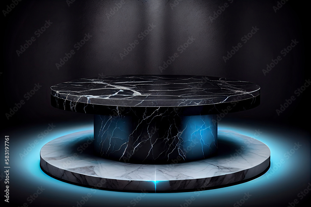 Obraz premium modern and elegant marble stone round podium in dappled light from lighting in black stone marble background and colorfull powder splash for product display