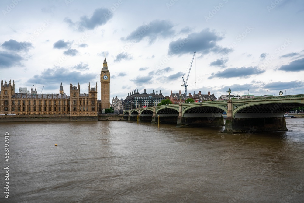 Scenic shot of Big Ben tower clock at Westminster in London, Europe Scenic shot of Big Ben tower clock at Westminster in London, Europe