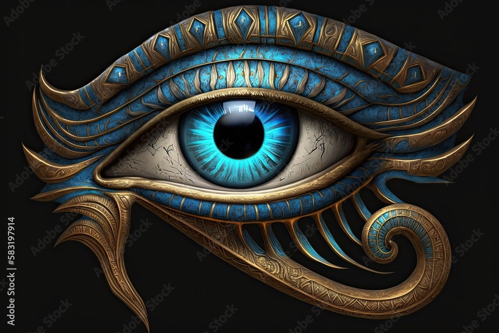 Blue Esoteric Eye of Horus: Antique God Statue Glow of Mythology, Art, and Spiritual Culture Illustration: Generative AI - obrazy, fototapety, plakaty 