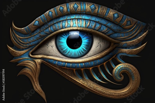 Blue Esoteric Eye of Horus: Antique God Statue Glow of Mythology, Art, and Spiritual Culture Illustration: Generative AI photo